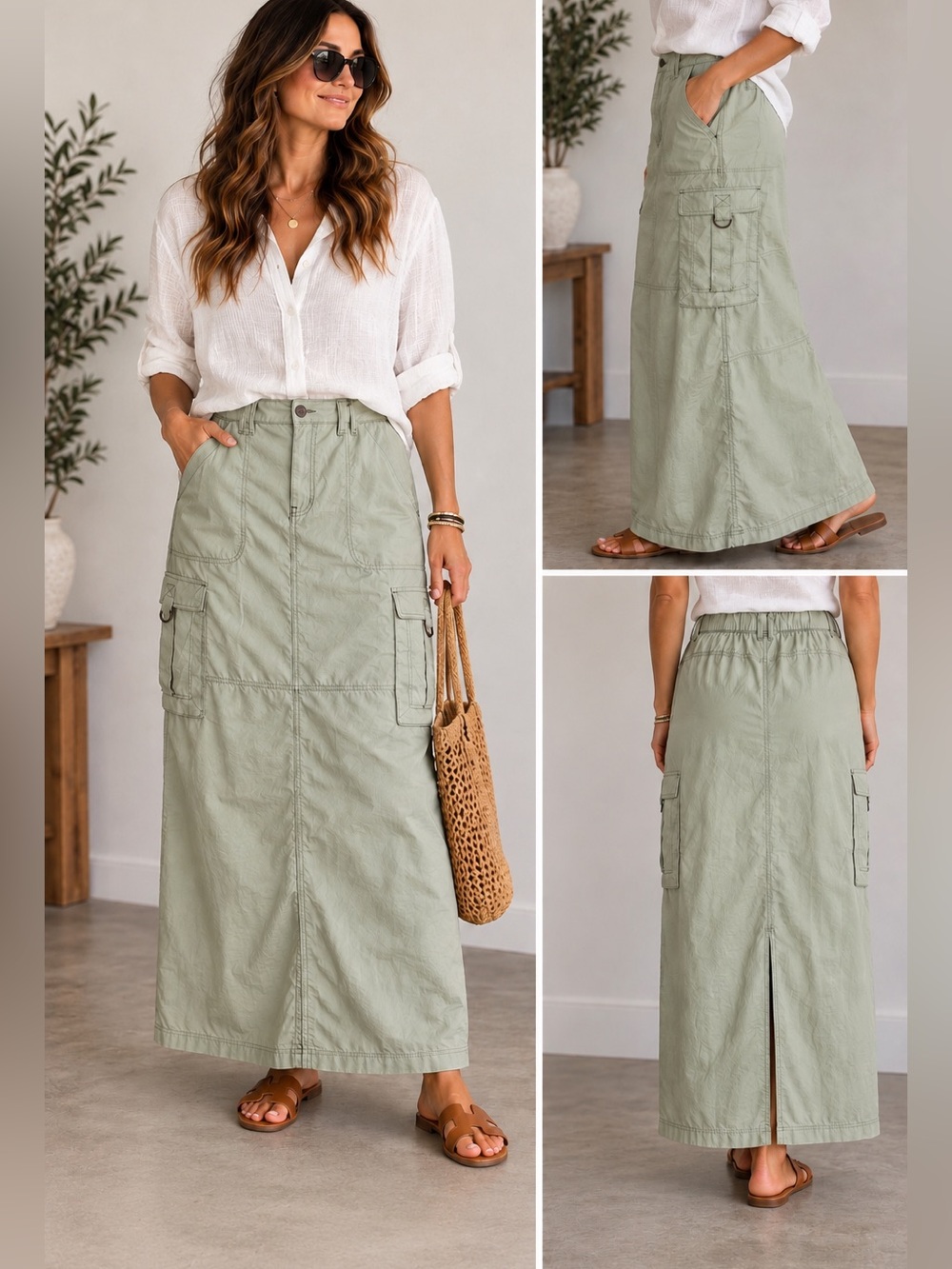 One 5 One Size Large Sage Green Cargo Utility Maxi Skirt Y2K